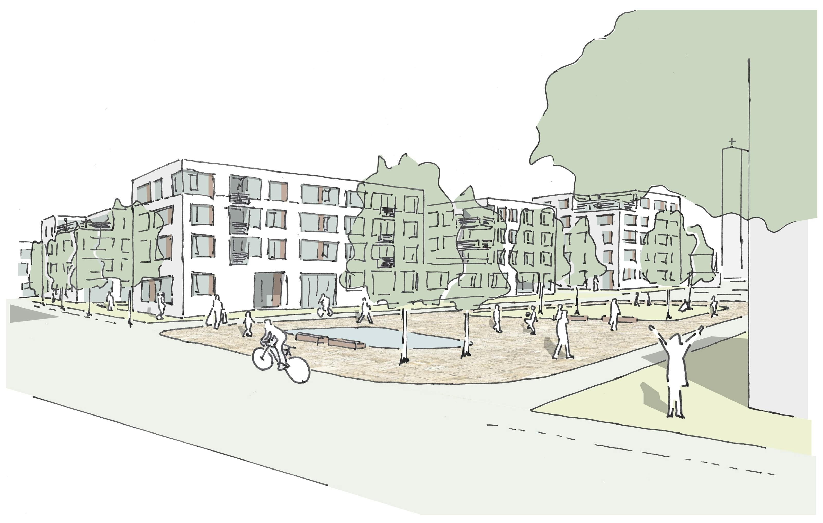 Erster Preis: Entwurf für die Quartiersmitte von K9 Architekten mit
faktorgruen Landschaftsplaner.